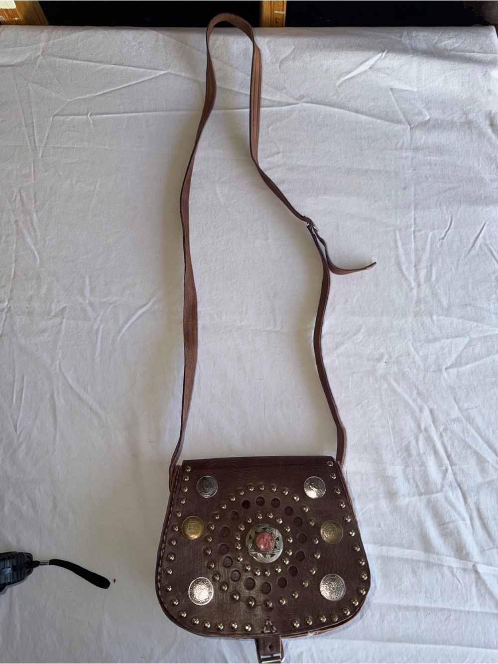 Brown Leather Stud-Embellished Crossbody Bag with Center Stone Accent - Picture 4 of 5